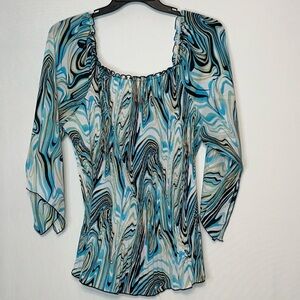 Blue Diamond Plus Crinkled Blouse Square Neck 3/4 Flutter Sleeve Size 20W.